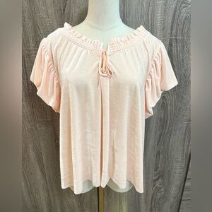 Pretty FREE PEOPLE Pale Pink VELOUR Top with Puff Sleeves. Size XL